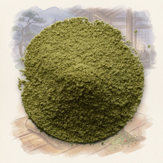 Tropic Thunder Matcha, Organic loose leaf tea, shown over a chalk-and-watercolour illustration
