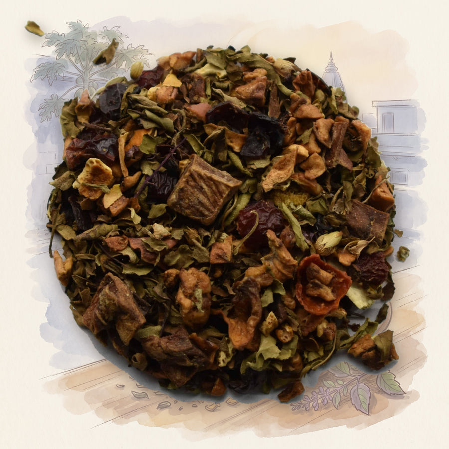 Tulsi Multi loose leaf tea, shown over a chalk-and-watercolour illustration