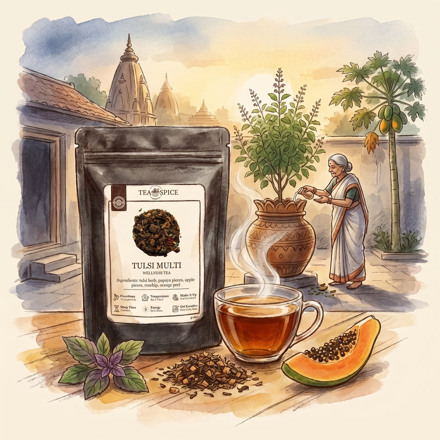 Illustration of Tulsi Multi in The Tea & Spice Shoppe pouch, with a family courtyard in India at sunrise