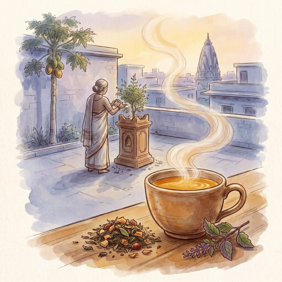 Illustration: Tulsi Multi with a family courtyard in India at sunrise