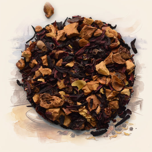 Turkish Apple loose leaf tea, shown over a chalk-and-watercolour illustration