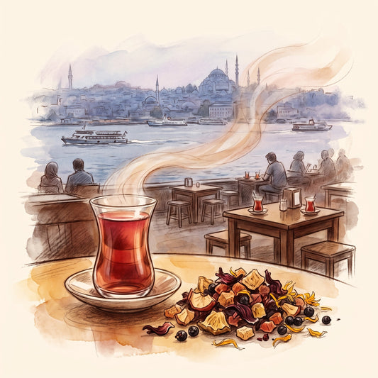 Illustration: Turkish Apple with an Istanbul tea garden above the Bosphorus at dusk