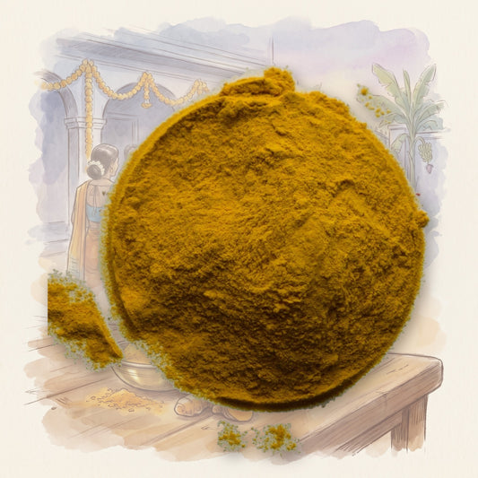 Turmeric spice, shown over a chalk-and-watercolour illustration