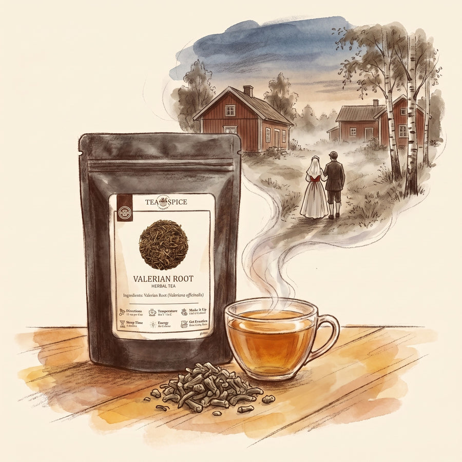 Illustration of Valerian Root, Organic in The Tea & Spice Shoppe pouch, with a Swedish country wedding in the 1850s at evening