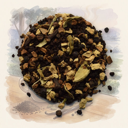 Vanilla Chai, Organic loose leaf tea, shown over a chalk-and-watercolour illustration