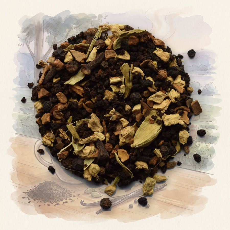 Vanilla Chai, Organic loose leaf tea, shown over a chalk-and-watercolour illustration