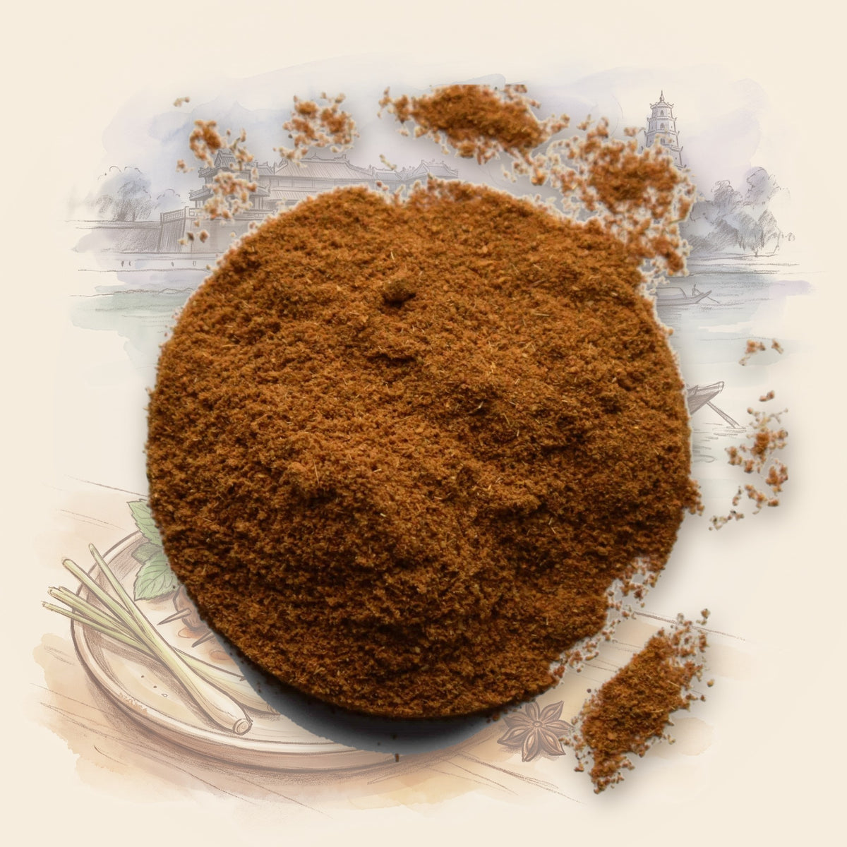 Vietnamese Lemongrass Rub spice, shown over a chalk-and-watercolour illustration