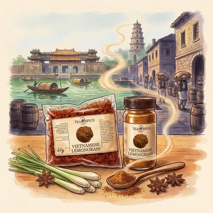 Illustration of Vietnamese Lemongrass Rub in The Tea & Spice Shoppe bag and jar, with Huế on the Perfume River