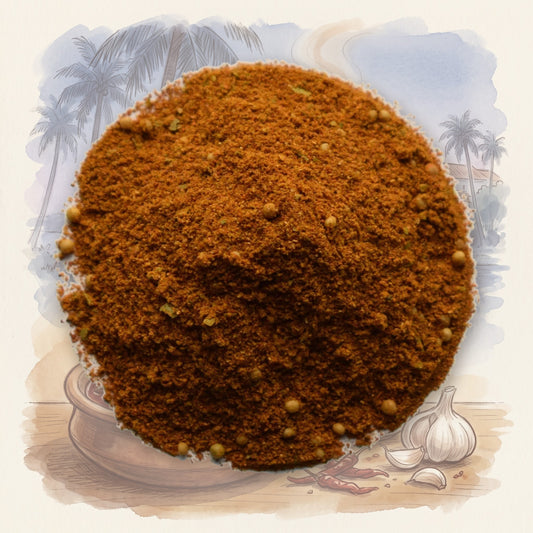 Vindaloo Curry Powder spice, shown over a chalk-and-watercolour illustration