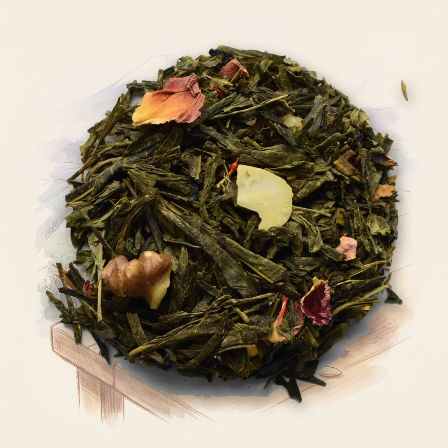Walnut Truffle loose leaf tea, shown over a chalk-and-watercolour illustration
