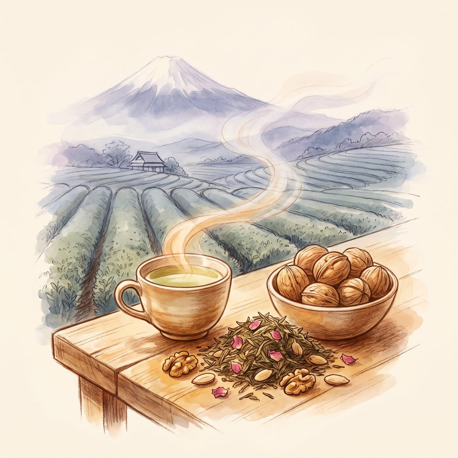 Illustration: Walnut Truffle with the tea fields of Shizuoka in Japan