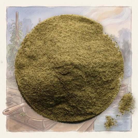 Pepper, White, Ground spice, shown over a chalk-and-watercolour illustration