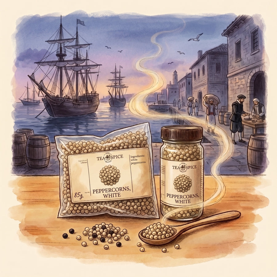 Illustration of Peppercorns, White in The Tea & Spice Shoppe bag and jar, with the Lisbon waterfront in the 1500s