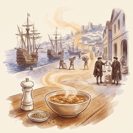 Illustration: Peppercorns, White with the Lisbon waterfront in the 1500s