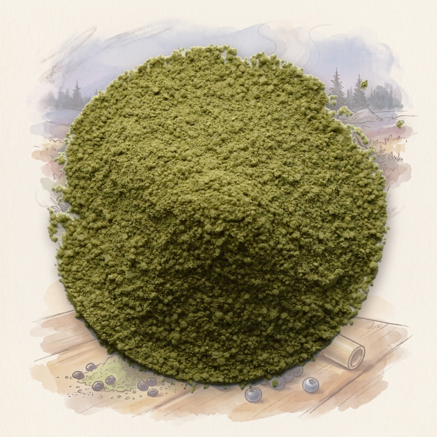 Wild Blueberry Matcha, loose leaf tea, shown over a chalk-and-watercolour illustration