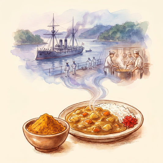 Illustration: Japanese Yellow Curry Powder with Yokosuka harbour in the Meiji era