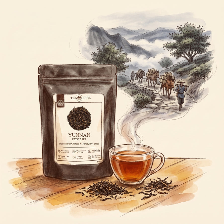 Illustration of Ancient Yunnan, 1st Grade in The Tea & Spice Shoppe pouch, with the Tea Horse Road in the mountains of Yunnan a century ago