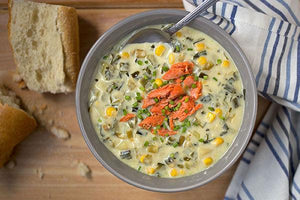 This simple chowder uses our convenient Organic Leek Flakes for color, flavor and texture, while its unique smoky notes are thanks to our Applewood Smoked Sea Salt and a shot of brandy.
